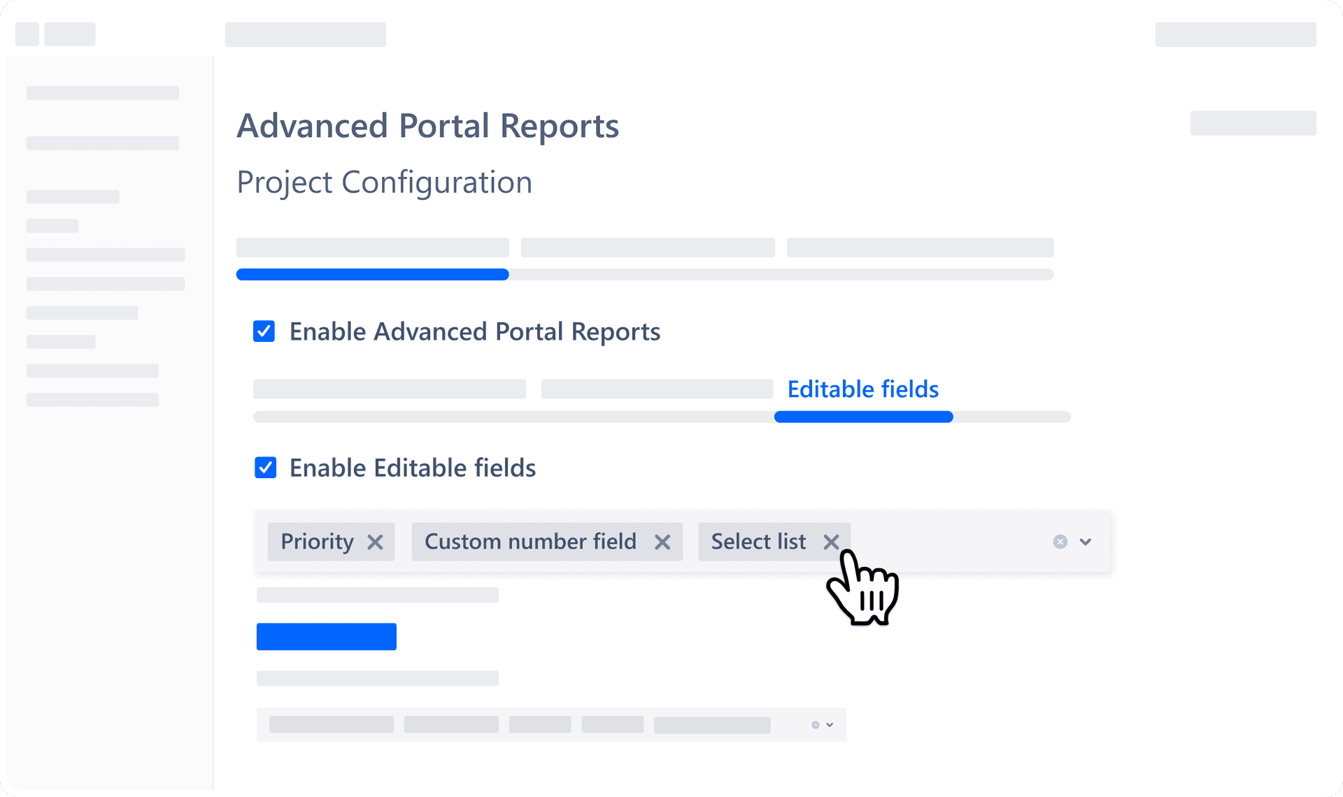 Project Configuration screen enabling Advanced Portal Reports and editable fields.