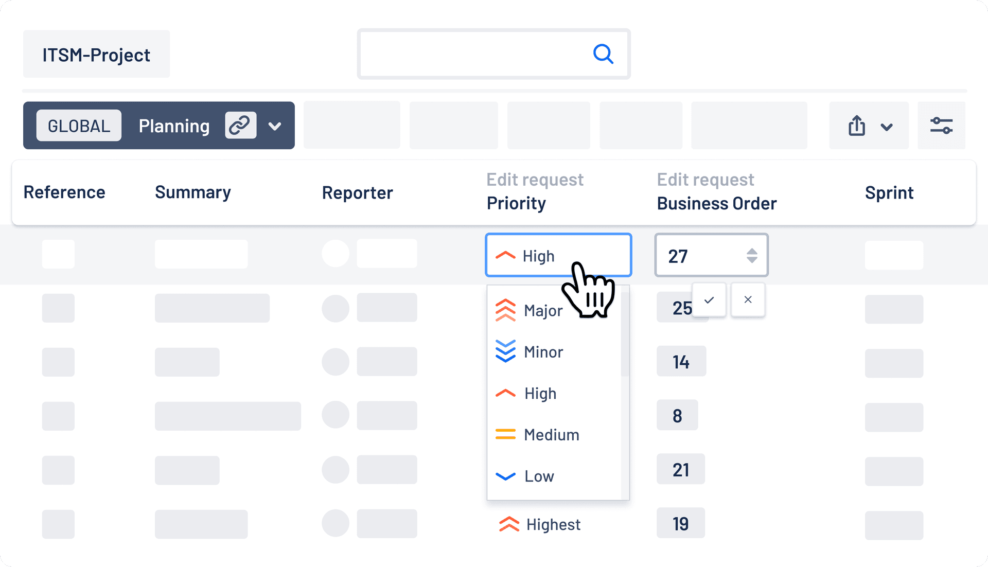 A Planning view with an editable Priority dropdown and Business Order field.
