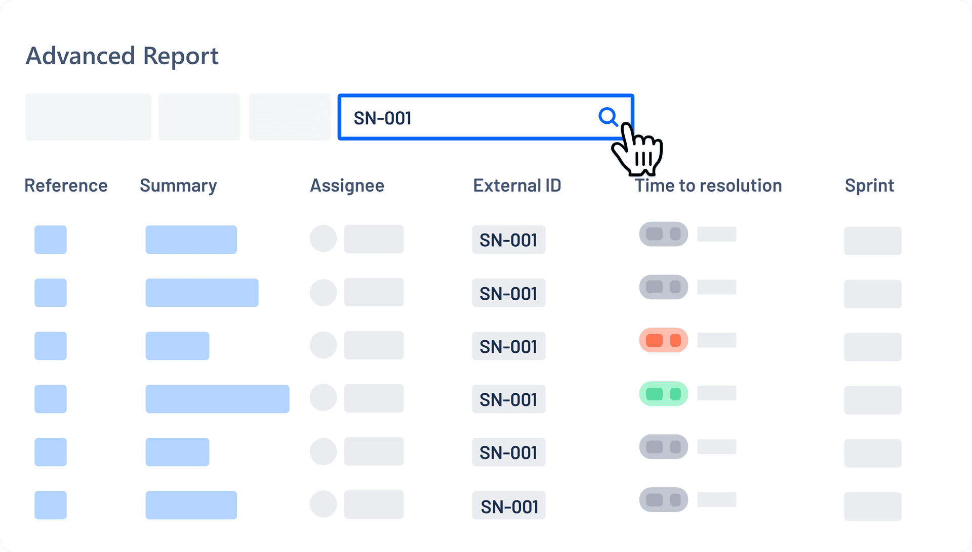 Advanced Report screen with a searchable, filterable table of JSM requests.