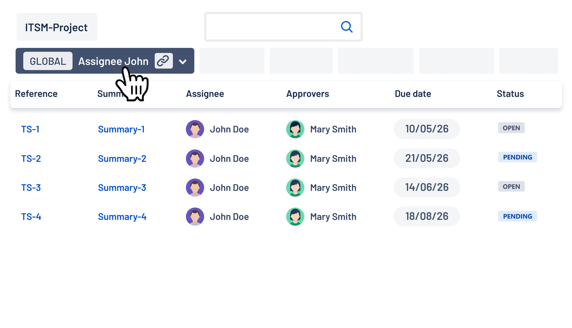 A saved Global View named “Assignee John” filtering the request table by assignee.