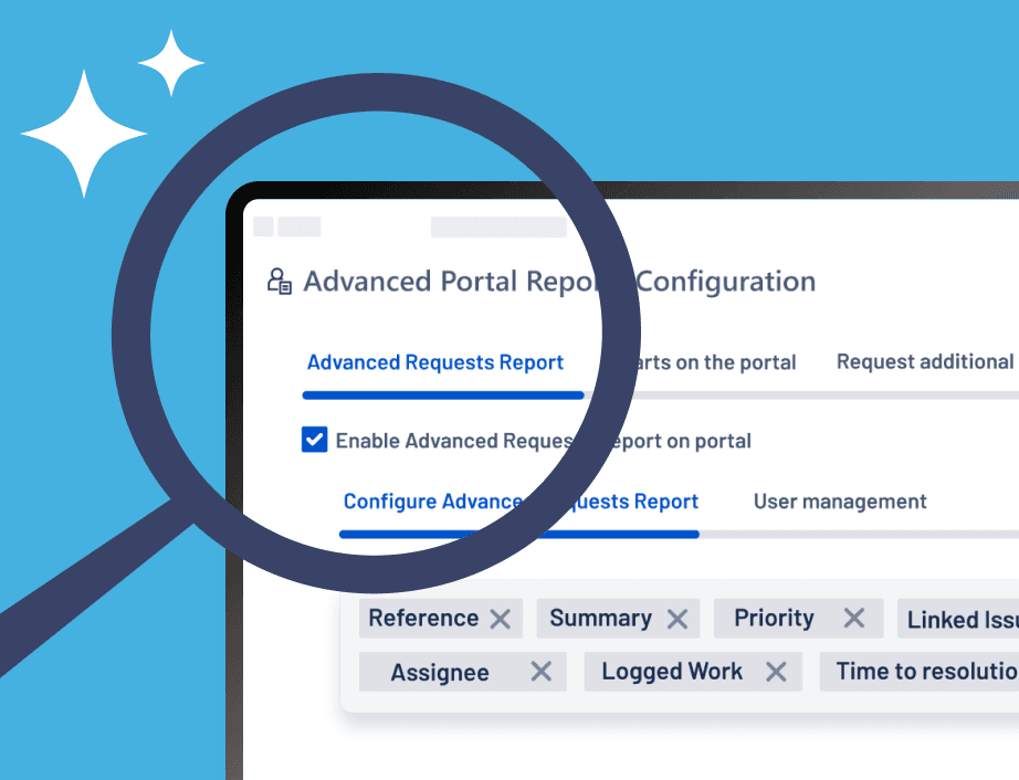 A magnifying glass highlights a computer screen showing Advanced Portal Report Configuration with checked options and tags.