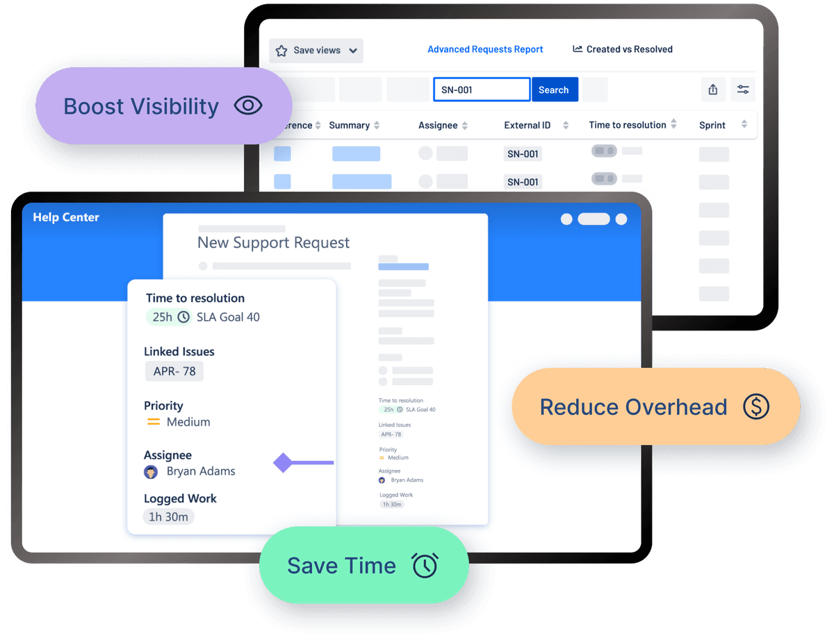 Screenshots showing Advanced Portal Reports for Jira Service Management. 
