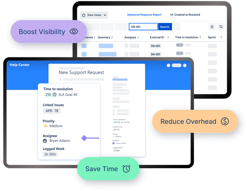 Screenshots showing Advanced Portal Reports for Jira Service Management. 